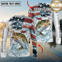 Maxcorners Freshwater Fishing Patriotic Water Splash Theme Personalized Name, Team Name 3D Long Sleeve Shirt