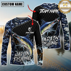 Maxcorners Marlin Fishing Camo Pattern Custom Graphic Personalized Name, Team Name 3D Long Sleeve Shirt