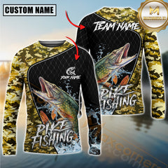 Maxcorners Pike Fishing Camo Pattern Custom Graphic Personalized Name, Team Name 3D Long Sleeve Shirt