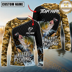 Maxcorners Walleye Fishing Camo Pattern Custom Graphic Personalized Name, Team Name 3D Long Sleeve Shirt