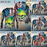 Maxcorners Saltwater Fishing American Flag Vintage Splash Art Personalized Name, Team Name 3D Long Sleeve Shirt