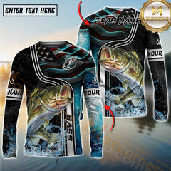 Maxcorners Freshwater Fishing Jumping Fish American Flag Wave Splash Personalized Name, Team Name 3D Long Sleeve Shirt