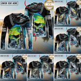 Maxcorners Saltwater Fishing Jumping Fish American Flag Wave Splash Personalized Name, Team Name 3D Long Sleeve Shirt