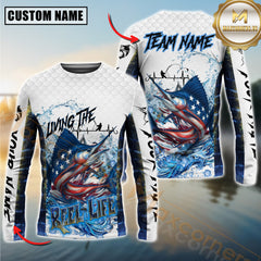 Maxcorners Marlin Fishing Jersey Patriotic Reel Life Design Personalized Name, Team Name 3D Long Sleeve Shirt