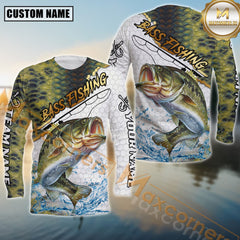 Maxcorners Golden Bass Fishing Full Print Fishing Net Pattern Personalized Name, Team Name 3D Long Sleeve Shirt