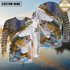 Maxcorners Golden Walleye Fishing Full Print Fishing Net Pattern Personalized Name, Team Name 3D Long Sleeve Shirt