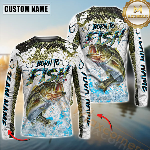 Maxcorners Sport Fishing Shirt Dynamic Bass Jump Personalized Name, Team Name 3D Long Sleeve Shirt