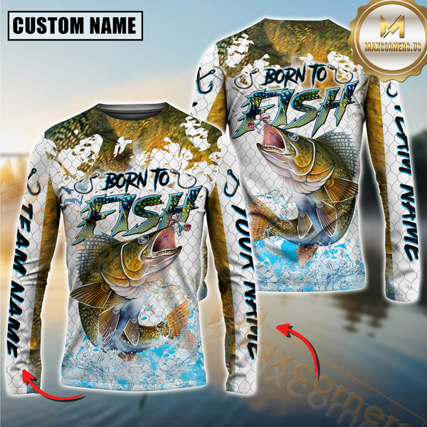 Maxcorners Sport Fishing Shirt Dynamic Walleye Jump Personalized Name, Team Name 3D Long Sleeve Shirt
