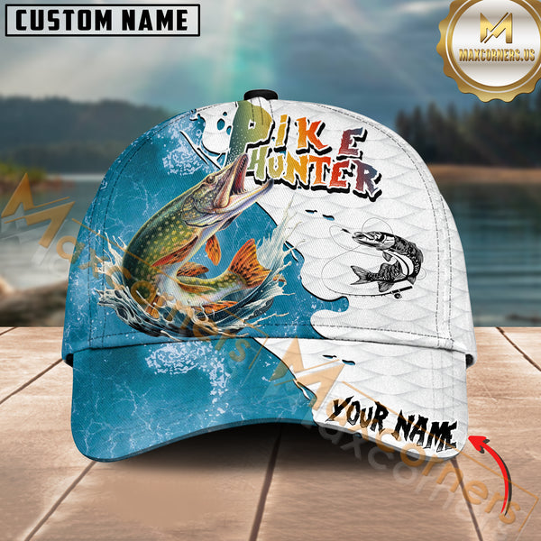 Maxcorners Pike Hunter Fishing Graphic Splash Effect Personalized Name 3D Cap