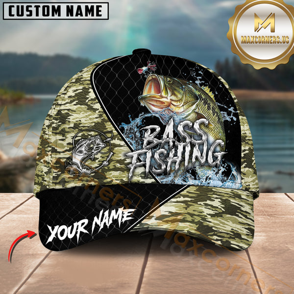 Maxcorners Bass Fishing Camo Pattern Custom Graphic Personalized Name 3D Cap