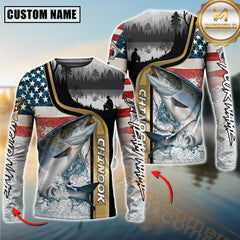 Maxcorners Saltwater Fishing Giant Fish Water Splash American Flag Landscape Personalized Name, Team Name 3D Long Sleeve Shirt