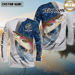 Maxcorners Saltwater Fishing Silver Scale Pattern Realistic Jumping Fish Water Splash Personalized Name, Team Name 3D Long Sleeve Shirt