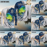 Maxcorners Saltwater Fishing Silver Scale Pattern Realistic Jumping Fish Water Splash Personalized Name, Team Name 3D Long Sleeve Shirt