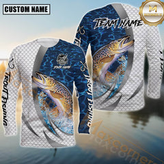 Maxcorners Freshwater Fishing Silver Scale Pattern Realistic Jumping Fish Water Splash Personalized Name, Team Name 3D Long Sleeve Shirt