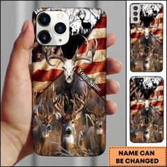 Maxcorners American Flag Whitetail Deer Skull Hunting Premium Personalized Name Phone Case (4 colors)