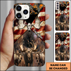 Maxcorners Moose Hunting American Flag Skull Art Personalized Name Phone Case (4 colors)