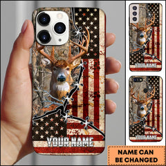 Maxcorners Whitetail Deer Hunting American Flag Barbed Wire Design Personalized Name Phone Case (4 Colors)