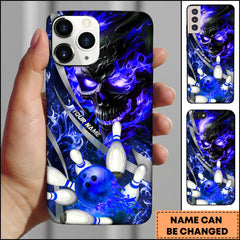 Maxcorners Dark Bowling Skull Blue Flame Strike Personalized Name Phone Case