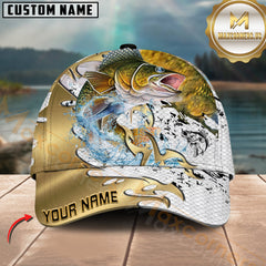 Maxcorners Fishing Scale Pattern Gold Accent Water Splash Personalized Name 3D Cap (13 Options)
