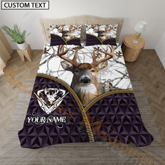 Maxcorners Deer Hunting Purple Geometric White Personalized Name Bedding Set 3D All Over Printed