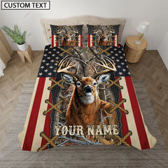 Maxcorners Deer American Flag Camo Grass Brown Personalized Name Bedding Set 3D All Over Printed