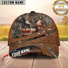 Maxcorners Deer Hunting American Flag Leather Multicolor Options Personalized Name 3D Cap