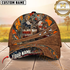 Maxcorners Deer Hunting American Flag Leather Multicolor Options Personalized Name 3D Cap