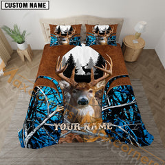 Maxcorners Deer Hunter Blue Leather Camo Personalized Name Bedding Set 3D Printed