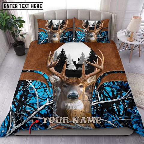 Maxcorners Deer Hunter Blue Leather Camo Personalized Name Bedding Set 3D Printed