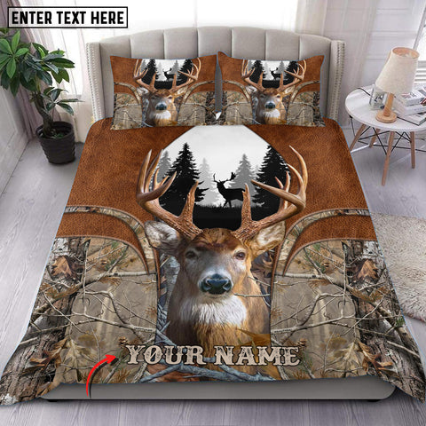 Maxcorners Deer Hunter Grass Brown Leather Camo Personalized Name Bedding Set 3D Printed