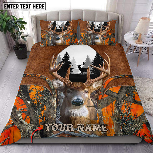Maxcorners Deer Hunter Orange Leather Camo Personalized Name Bedding Set 3D Printed