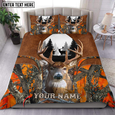Maxcorners Deer Hunter Orange Leather Camo Personalized Name Bedding Set 3D Printed