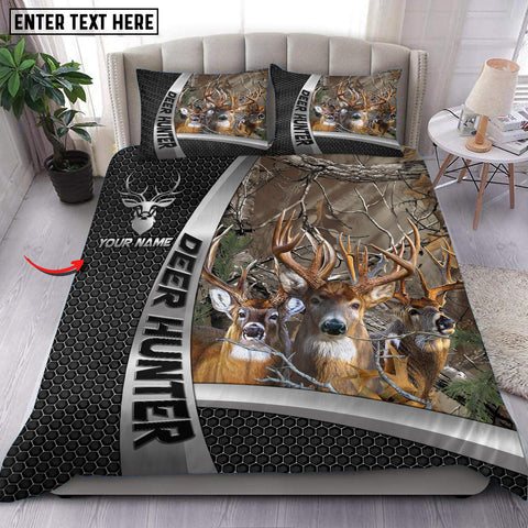 Maxcorners Deer Hunter Brown Forest Camo Personalized Name Bedding Set 3D Printed