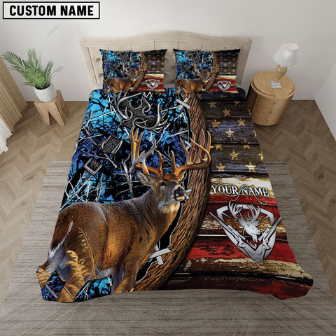 Maxcorners Hunting Deer American Flag Camouflage Rustic Wood Personalized Name Bedding Set 3D All Over Printed| Blue