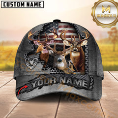 Maxcorners Deer Hunting Trio Buck American Flag Metal Tear Personalized Name 3D Cap (6 Options)