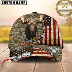 Maxcorners Deer Hunting American Flag Stitched Design Multicolor Options Personalized Name 3D Cap (Deer/Moose/Turkey/Boar)