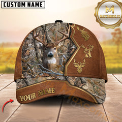 Maxcorners Deer Buck Camo Leather Golden Antler Icons Multicolor Options Personalized Name 3D Cap