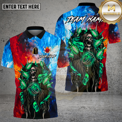 Maxcorners Bowling Ice Fire Grim Reaper Skull Art Multi Options Personalized Name, Team Name Unisex 3D Shirt (4 Colors)