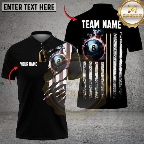 Maxcorners Billiards Ball 8 With USA Flag Stripes Black Personalized Name 3D Unisex Shirt