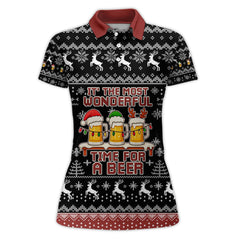 Maxcorners Funny Christmas Beer Pattern Polos, Festive Xmas Drinking Shirt, Holiday Polos Golf Gift For Men