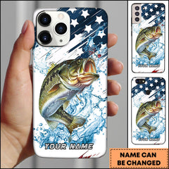 Maxcorners Large Mouth Bass Fishing Jumping Large Mouth Bass American Flag Splash Art Personalized Name Phone Case