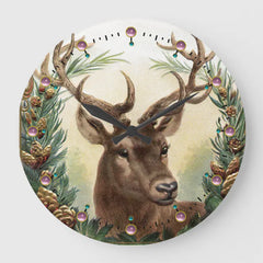 Maxcorners CHRISTMAS DEER,PINE CONES CROWN AND PINK GEMSTONES LARGE CLOCK TU3012
