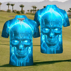 Maxcorners Blue Flame Skull Golf Polo Shirt, Mens Golf Gift, Golf Lover Gift