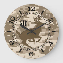 Maxcorners Desert Digital Camouflage Jumping Deer Monogram Large Clock TU3012