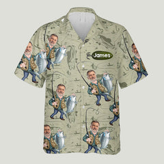Maxcorners Funny Caricature Face Personalized Fishing Hawaiian Shirt, Fishing Gifts For Men