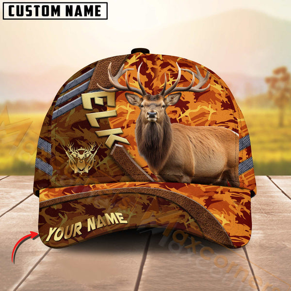 Maxcorners Hunting Cap Orange Camo With Golden Line Personalized Name 3D Cap (Deer/Moose/Elk/Boar)