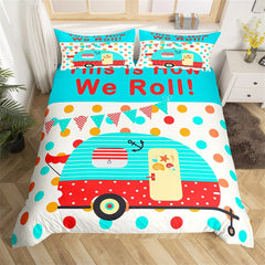 Maxcorners Colorful Camper Duvet Cover, Cute Cartoon RV Camping Trailer Bedding Set