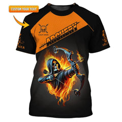 Maxcorners Custom Archery T-Shirt With Name, Flaming Grim Reaper Bow Design, Unique Gift For Archers And Bow Hunting Enthusiasts