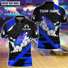 Maxcorners Custom Bowling Polo Shirt, Flame Bowling Design, Personalized Bowling Polo for Men Women,Personalized Name Team 3D Shirt Blue TU1809