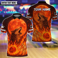 Maxcorners Custom Bowling Polo Shirt, Flame Moon Wolf Bowling Design, Personalized Bowling Polo for Men Women,Personalized Name Team 3D Shirt Red TU1809